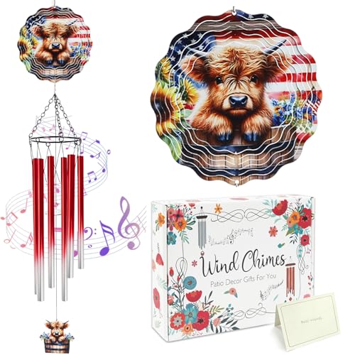 Highland Cow Wind Spinner Chimes Outdoor - Hanging Garden Decor Metal Wind Chimes for Patio, Yard, Backyard - Birthday Housewarming Gifts for Women/Mom/Grandma - color: Highland Cow