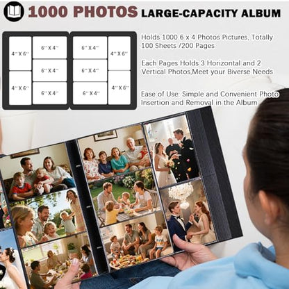 Ruibytree Extra Large Capacity Photo Album 4x6 Pictures 1000 Pockets, Black | Linen Hardcover, Removable Acid-Free Pages, Fits Horizontal & Vertical Photos, Front 4x6 Window, for Family, Wedding & Travel - color: Black