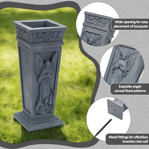 2Pcs Cemetery Flowers Vase, Angel Carving Cemetery Vase Memorial Grave Vases Resin Flowers Holder for Headstone Mausoleums Garden Lawn Yard Outdoor Decorations, Gray