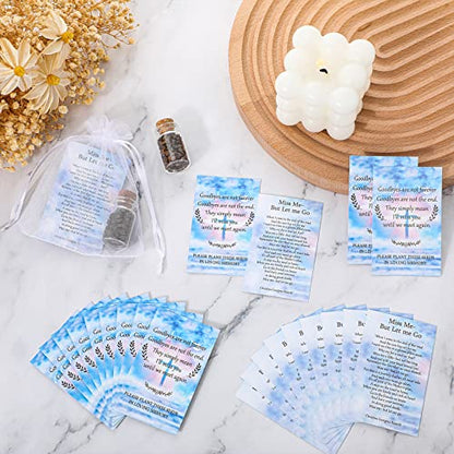 Fumete 150 Pcs Funeral Favors Include 50 Celebration of Life Prayer Cards 50 Memorial Seeds Glass Bottles with Cork Stopper (No Seeds) 50 Organza Bags for Loss of Loved One