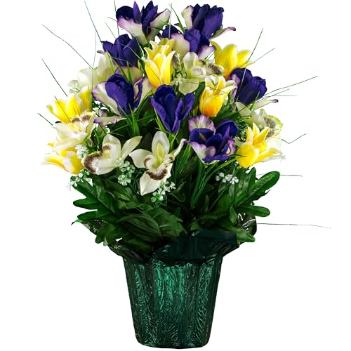 Artificial Cemetery Flowers - Grave Decoration - Yellow Tulips and Purple Iris (1) Potted Arrangement - color: Yellow/Purple, size: (1) Pot
