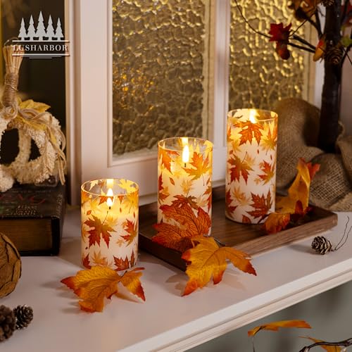 Fall Flameless Candles with Remote, Autumn Maple Leaf Battery Candles | Set of 3 LED Glass Candles with Timer Battery Powered Pillar Candles Thanksgiving Decor Electric Fake Candles Mantel - color: Maple-Glass
