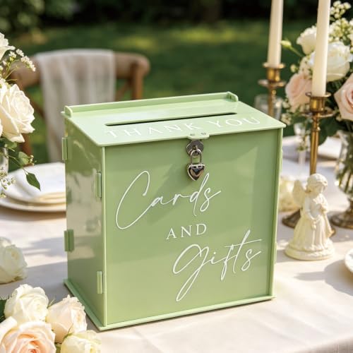 Acrylic Card Box with Lock & Slot, Sage Green Money Gift Card Box for Wedding Reception, Cash Envelope Box Ideal for Graduation Bridal Baby Shower Engagement & Anniversary Party Supplies - color: Sage Green
