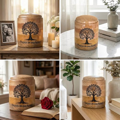 Large Wooden Cremation Urn for Human Ashes – 200 Cubic Inch Tree of Life Engraved Memorial Urn, Natural Wood, Adult Male Female - size: Large 200 Cu In