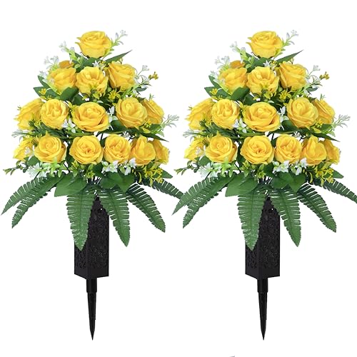 DONODA 2 Sets of Artificial Cemetery Flowers， Outdoor Grave Decorations Roses - color: 18 Heads (Yellow)