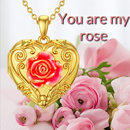 SOULMEET Sunflower/Rose/Daisy Heart Locket Necklace That Holds Pictures Keep Someone Near to You Sterling Silver/Gold Personalized Photo Locket Gift - style: A4-Gold enamel rose locket only