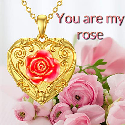 SOULMEET Sunflower/Rose/Daisy Heart Locket Necklace That Holds Pictures Keep Someone Near to You Sterling Silver/Gold Personalized Photo Locket Gift - style: A4-Gold enamel rose locket only