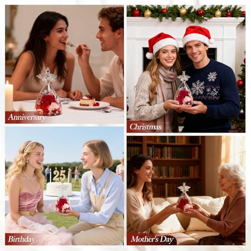 Casaido Mothers Day Rose Gifts for Women, 7" Red Preserved Roses Flowers in Glass Angel Figurine, Birthday Gift for Mom Wife Grandma, Eternal Rose for Valentines Christmas Anniversary - color: Red