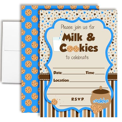 Milk and Cookies Birthday Party 20 Invitations 5"x7" Double-Sided Fill-In Cards with Envelopes, Kids Party Stationery Set, Cute Milk & Cookie Jar Theme for Boys, Made in USA by Amanda Creation - color: Milk and Cookies