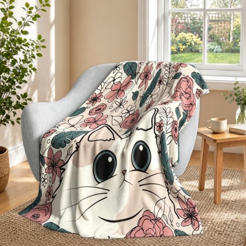 Cute Cat Fleece Throw Blanket, Floral Flannel Blankets for Couch 50"×60" - color: Cat
