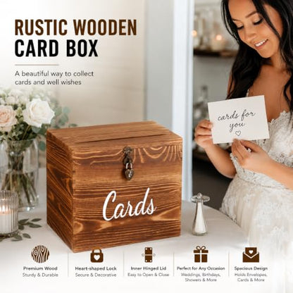 Rustic Wooden Card Box with Lock（ 10×10×6 in:Wedding,Shower Anniversary etc