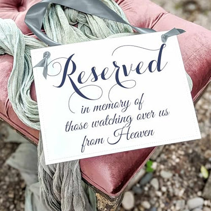 Reserved For Those Watching Over Us From Heaven Memorial Wedding Chair Sign (Navy Ink, Dusty Blue Ribbon) - color: Blue