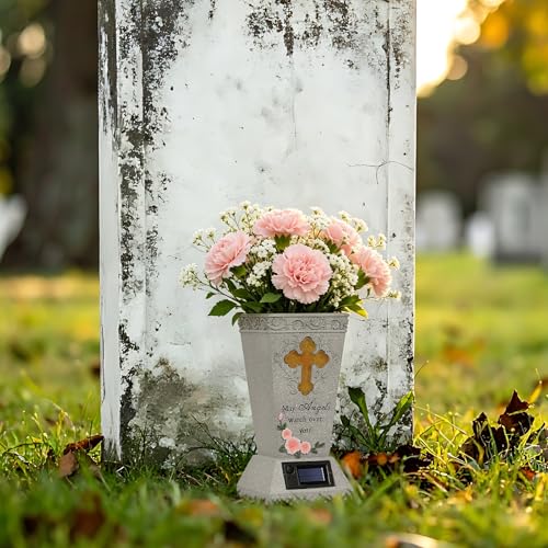 2 Pack Solar Cemetery Grave Vase with Spike, 14.3"x4.3" Angel & LED Cross | Removable Ground Stake for Headstone Flower Holder, Cemetery Decorations for Grave - size: 2 Pack
