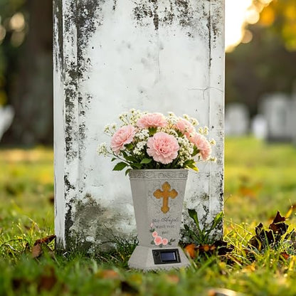 2 Pack Solar Cemetery Grave Vase with Spike, 14.3"x4.3" Angel & LED Cross | Removable Ground Stake for Headstone Flower Holder, Cemetery Decorations for Grave - size: 2 Pack