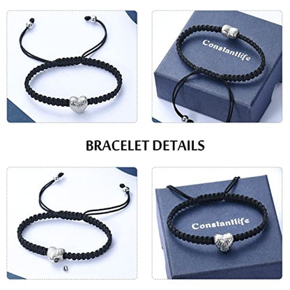 constantlife Heart Shape Urn Bracelet for Ashes Black Braided Rope Adjustable Bangle Cremation Jewelry Keepsake Memorial Gift for Women - color: Silver