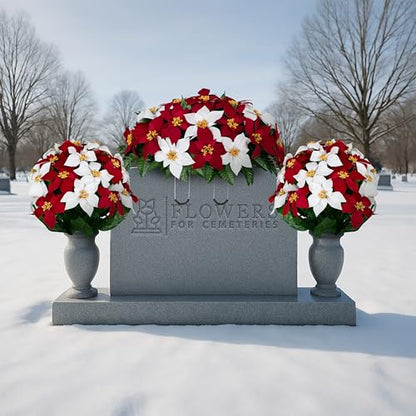 Artificial Cemetery Flowers - Gravesite Memorial Arrangment - Red & White Poinsettia - (1) Saddle (2) Bouquets - color: Red & White, size: (1) Saddle (2) Bouquets