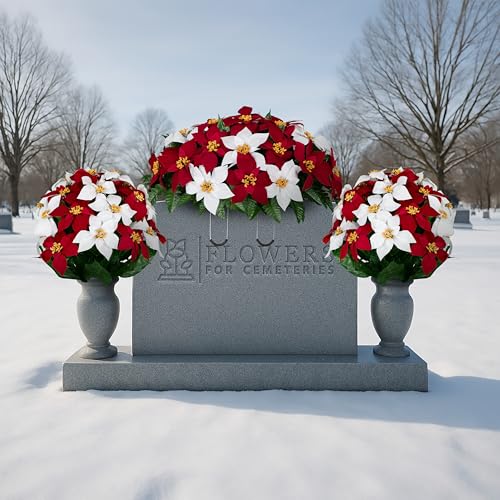 Artificial Cemetery Flowers - Gravesite Memorial Arrangment - Red & White Poinsettia - (1) Saddle (2) Bouquets - color: Red & White, size: (1) Saddle (2) Bouquets