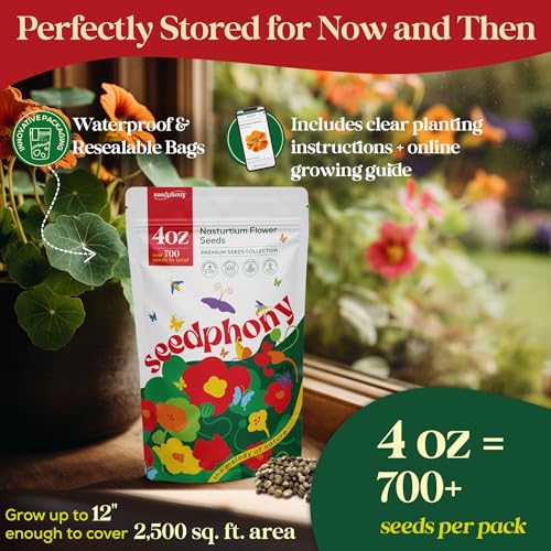 Seedphony Nasturtium Seeds Pack 4 oz - 700 Non-GMO Heirloom Nasturtium Seeds for Planting, Perennial Flowers in Waterproof Seed Packet, Wildflower Seeds for Planting Garden Indoor & Outdoor Gardening - size: Nasturtium 4oz, style: Nasturtium Flower Seeds