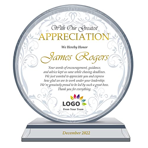 Personalized Boss Appreciation Gift Plaque for Retirement Birthday Church Teachers, Unique K9 Crystal Clear Circle Award with Customized Name and Appreciation Message (S - 6") - color: A001, size: S - 6"