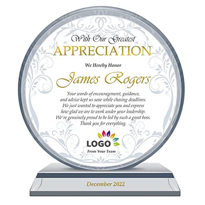 Personalized Boss Appreciation Gift Plaque for Retirement Birthday Church Teachers, Unique K9 Crystal Clear Circle Award with Customized Name and Appreciation Message (S - 6") - color: A001, size: S - 6"