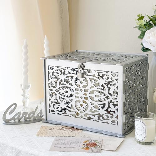 OurWarm Silver Card Box for Wedding with Lock, Cutout Pattern | Wooden Card Box, Four-Leaf Clover Design, Tool-Free Assembly, Gift Card Box for Party, Large Capacity, 12.2 x 9.2 x 8.5 Inch - color: Silver