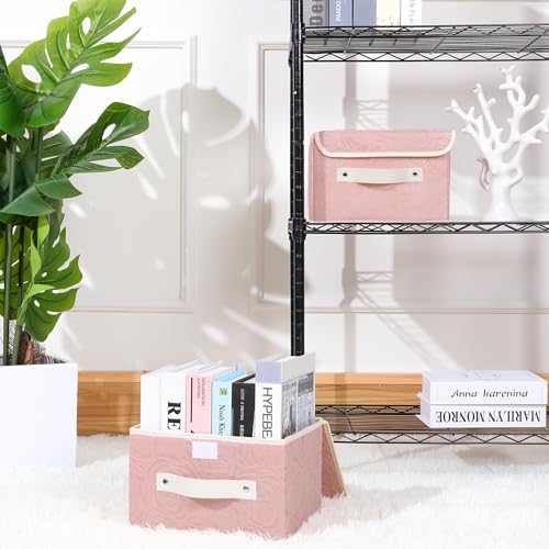 ANMINY Fabric Storage Box Bins with Lids, Rose Print, Pink, Small | Keepsake Memory Storage, Nonwoven Fabric, PP Board Frame, Washable, PU Handles, Foldable Stackable, Decorative, 10"x8"x7" - size: Small (Pack of 1)