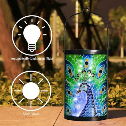 MUMTOP Peacock Solar Lantern, Hanging Glass Outdoor Garden Light - color: Peacock Blue