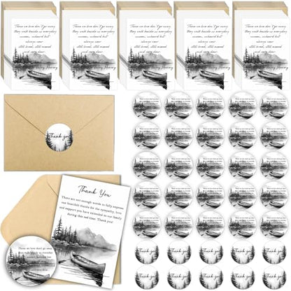 Bulk 50 Sympathy Thank You Cards with Envelopes for Funeral Favors, Round Engraved Wooden Memorial Keepsakes Pocket HugTokens Gifts, Funeral Wake Celebration of Life Decorations Ideas (Boat)