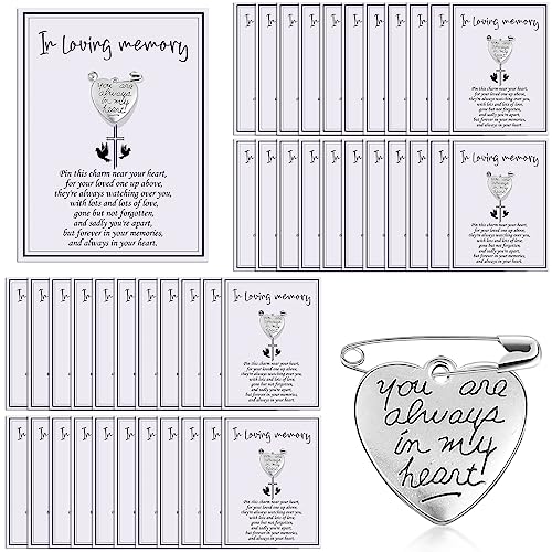 Yinkin Funeral Memorial Heart Charm Keepsakes Message Charms Pendant with Cards and Safety Pins for Guest Funeral Mourning Event Brooch Sympathy Gifts(50 Sets)