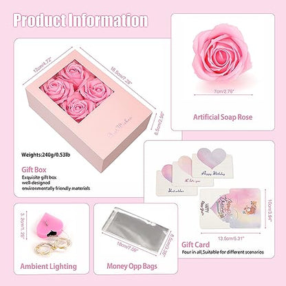 Money Box for Cash Gift Pull, Money Gift Boxes for Cash on Birthday, Christmas, Graduation, Mother's Day, for Husband, Wife, Girlfriend, Mother With Soap Rose Flower and Greeting Cards (Pink+Pink) - color: Pink+Pink