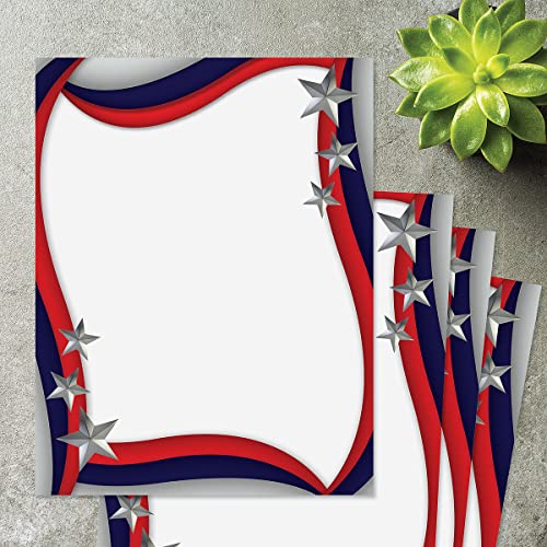 Spangled Stars Patriotic Letter Papers - Set of 25, American Flag stationery papers, 8 1/2" x 11", compatible computer paper, Patriotic Letterhead, 4th of July flyers, Veterans Day, Memorial Day - color: Spangled Stars