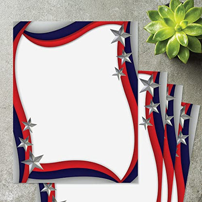 Spangled Stars Patriotic Letter Papers - Set of 25, American Flag stationery papers, 8 1/2" x 11", compatible computer paper, Patriotic Letterhead, 4th of July flyers, Veterans Day, Memorial Day - color: Spangled Stars