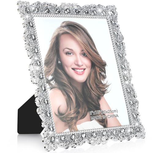 Yookeer 1 Pack 8 x 10 Inch Crystal Picture Frame Resin Wedding Photo Frame Jewel Picture with Rhinestones Photo Gift for Wedding Table Top Desktop Display - color: Silver, size: 8 x 10 Inch