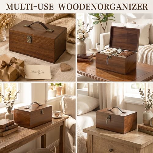 Wooden Keepsake Box, Walnut Large Memory Box with Hinged Lid & Locking Key