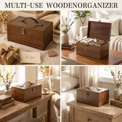 Wooden Keepsake Box, Walnut Large Memory Box with Hinged Lid & Locking Key
