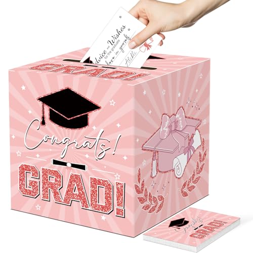 Graduation Card Box Graduation Decorations 2026 Grad Card Box for Gift Graduation Party Favors Decor Party Supplies (Pink, 50 Cards) - color: Pink Graduation Card Box, size: 8.7×8.7×8.7Inch(1 Pack)
