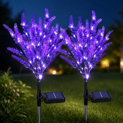 Geegoods Lavender Solar Garden Lights, 2 Pack Outdoor LED Flowers | 2 purple lavender solar flowers with LEDs; auto on/off, IP65 waterproof stakes for pathway, yard, patio and Halloween decor