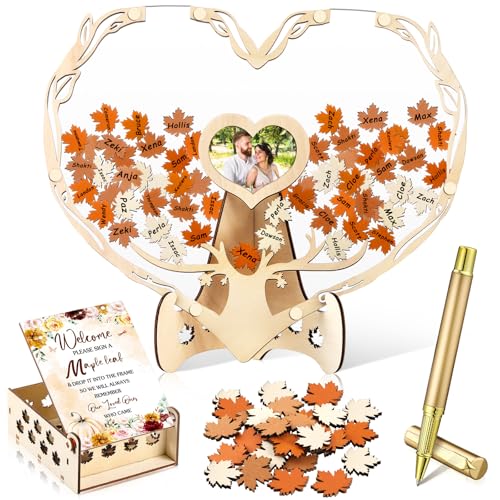 Wenqik 63 Pcs Wedding Guest Book Alternatives Set Bridal Shower Decorations with Photo Frame Sonogram Frame Keepsake 60 Wood Slices Guest Book for Wedding Baby Shower(Fall in Love) - style: Fall In Love
