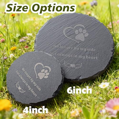 Dog Cat Memorial Stone Round 4” with Paw Print, “No Longer By My Side But Always in My Heart” Engraved Pet Grave Marker, Outdoor Garden Memorial Rock, Pet Loss Sympathy Gift - size: Small-4 inch