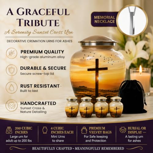 Custom Engraved Plaque Serenity Sunset Cross Urn for Human Ashes Set of 6 Includes 1Large Funeral Urn for Adult Male & Female with 4 Small Keepsake Urn & 1 NecklaceUrn to Memory of Your Loved Ones - color: Serenity Cross Set - Plaque