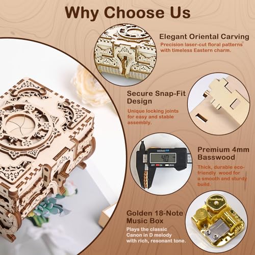 DIY Wooden Music Box Kit 3D Wooden Puzzle for Adults, Mechanical Model Antique Treasure Jewelry Box, Build Your Own Home Decoration Mother's Day Birthday Gift for Women Her