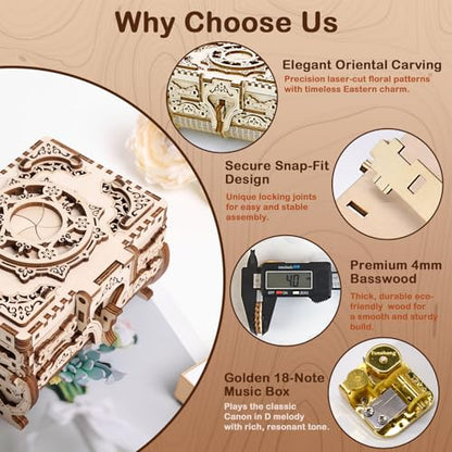 DIY Wooden Music Box Kit 3D Wooden Puzzle for Adults, Mechanical Model Antique Treasure Jewelry Box, Build Your Own Home Decoration Mother's Day Birthday Gift for Women Her