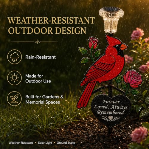 Solar Cardinal Memorial Garden Stake with 'Always Loved, Never Forgotten' Sentiment, Red Bird and Rose Design (Heart Shaped)