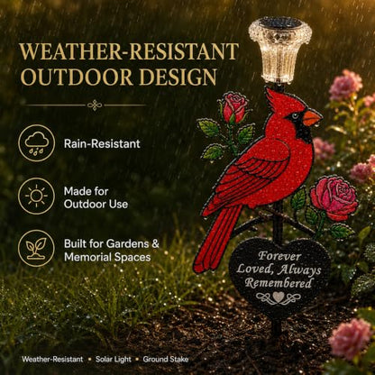 Solar Cardinal Memorial Garden Stake with 'Always Loved, Never Forgotten' Sentiment, Red Bird and Rose Design (Heart Shaped)