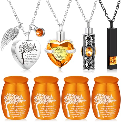 Shimeyao Set of 8 Small Urns for Human Ashes Cremation Urns Keepsake Ash Holders Family Tree Memorial Heart Locket Waterproof for Adults Women Men Loved Ones(Orange) - color: Orange