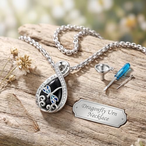 Urn Necklace for Ashes Blue opal Cremation Necklace Keepsake Memory Jewelry for Ashes of Loved Ones Keepsake - style: Dragonfly Obsidian