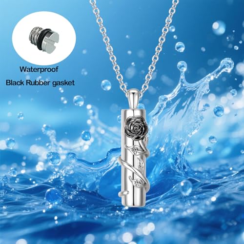 Rose Flower Urn Necklace for Ashes Stainless Steel Cylinder Ash Holder Pendant Cremation Jewelry for Ashes - color: Black