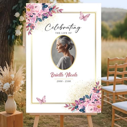 Personalized Celebration of Life Welcome Sign with Photo, Obituary Welcome Sign with Name and Date, Celebrating a Beautiful Life Butterfly Flower Tribute, Butterfly Flower Remembrance Decor, Custom Funeral Welcome Sign (Edition 12) - color: Edition 12