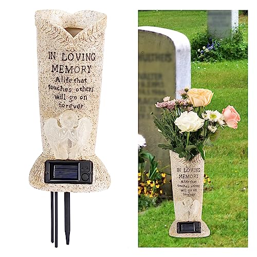 Solar Memorial Cemetery Flower Vase with LED for Fresh/Artificial Cemetery Grave Decorations Angel Statue Vase with Spikes Gravestone Decor - style: Angel