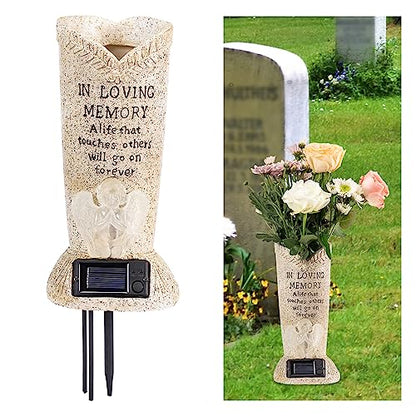 Solar Memorial Cemetery Flower Vase with LED for Fresh/Artificial Cemetery Grave Decorations Angel Statue Vase with Spikes Gravestone Decor - style: Angel